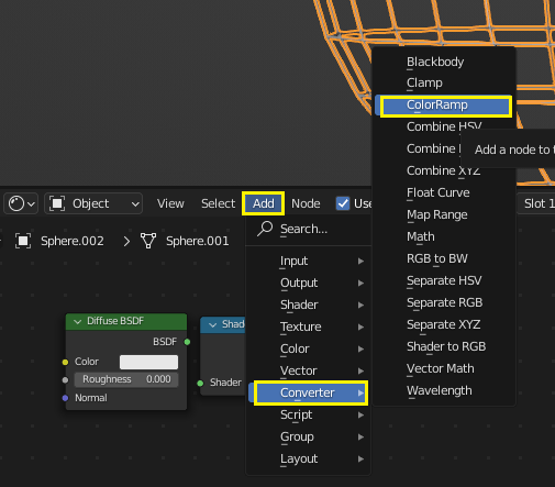 「Add」→「Converter」→「ColorRamp」を選択